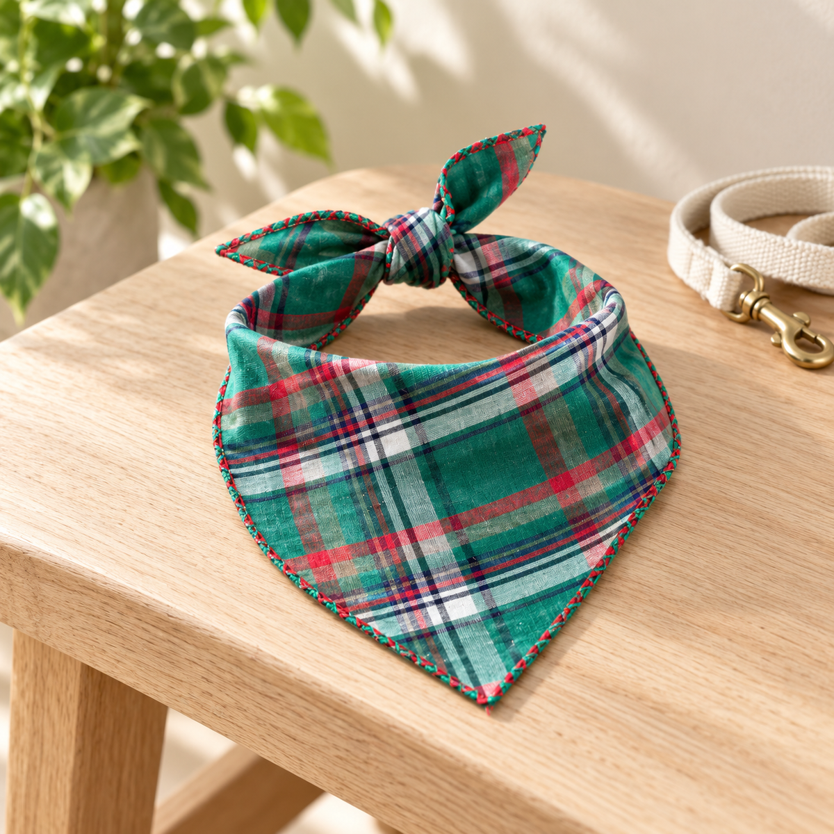 Green Large-Plaid Cotton Bandana