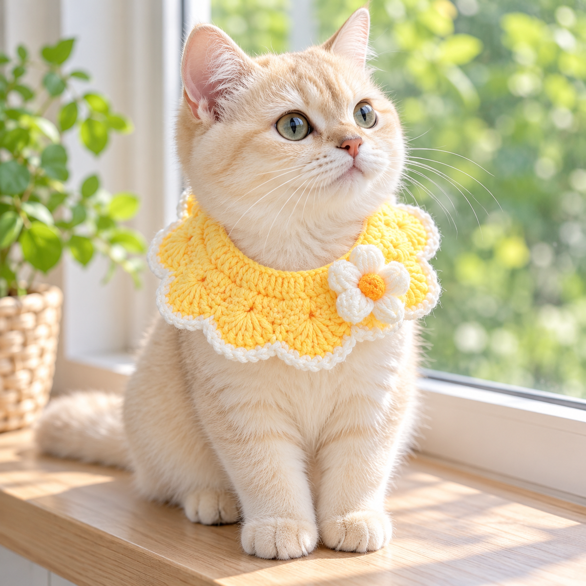 Pale Yellow Crochet Flower Pet Collar