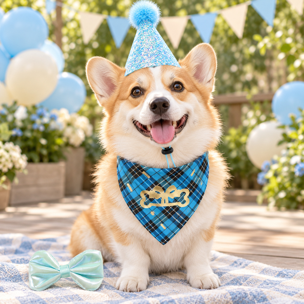 Blue Pet Birthday Bandana, Hat & Bow Tie Set