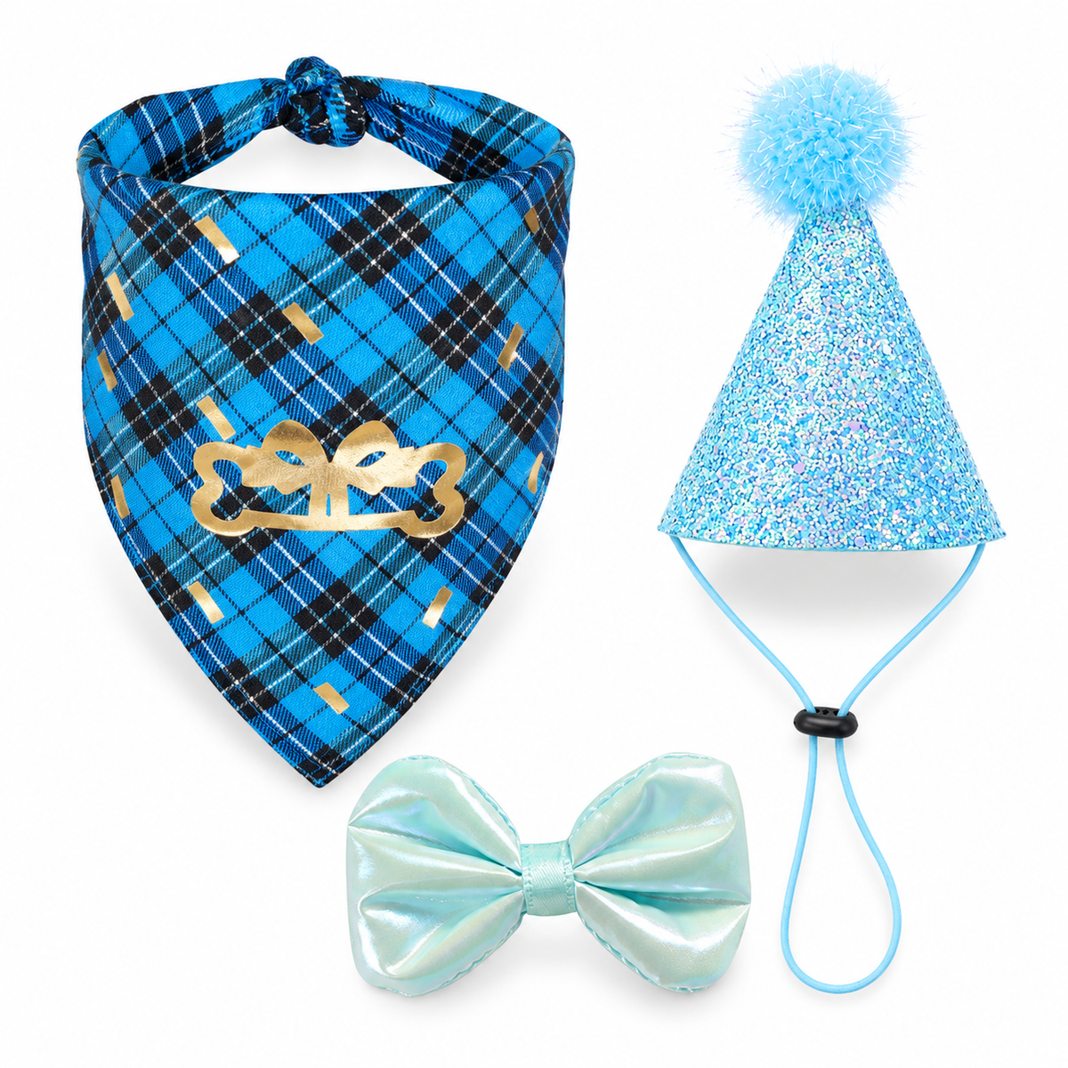 Blue Pet Birthday Bandana, Hat & Bow Tie Set