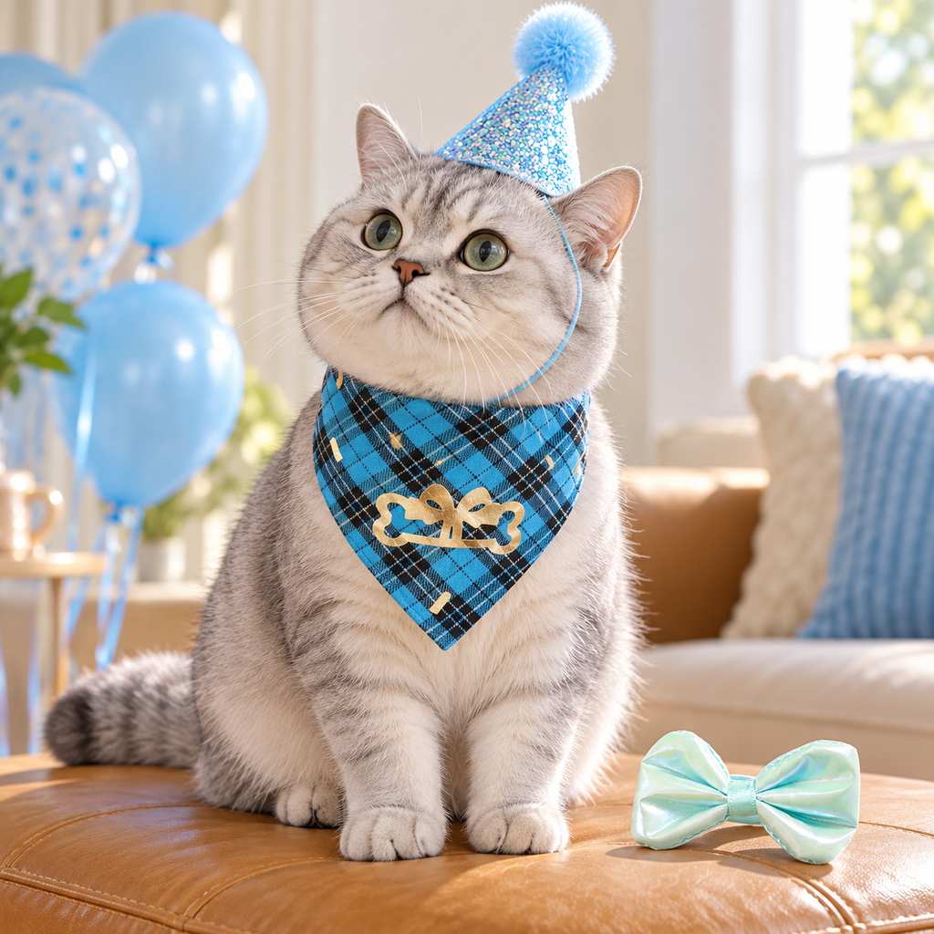 Blue Pet Birthday Bandana, Hat & Bow Tie Set