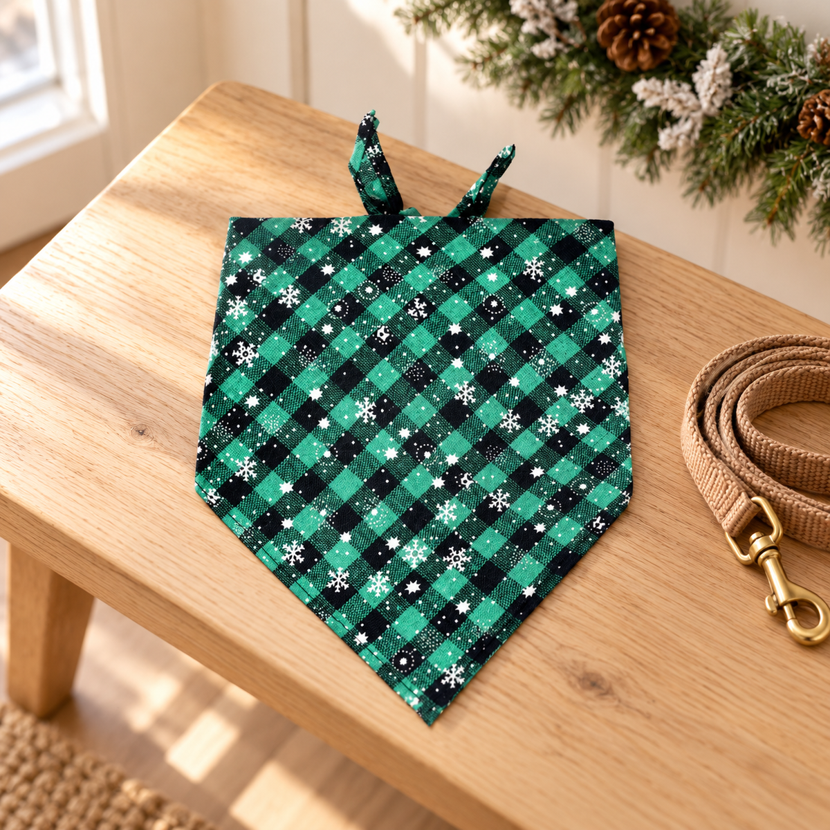 Green Plaid Snowflake Pet Bandana