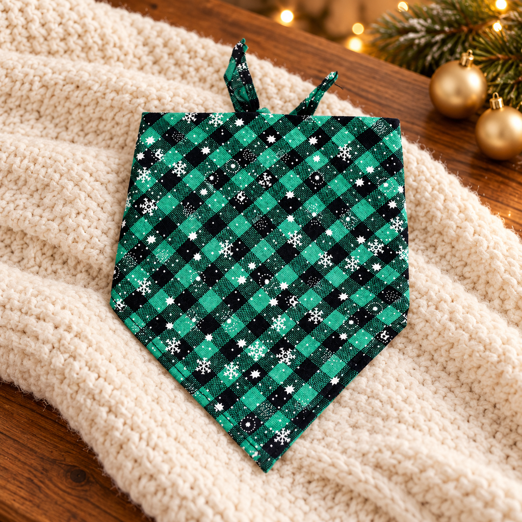 Green Plaid Snowflake Pet Bandana